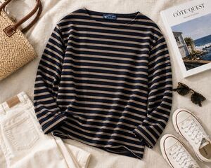 Saint James Breton Stripe Top XL Navy Tan Made in France Cotton Boat Neck